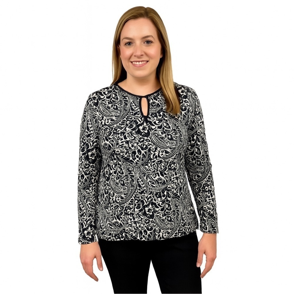 LAUREN Ralph Lauren Long Sleeve Black & White Damask Paisley Keyhole Top Size M
